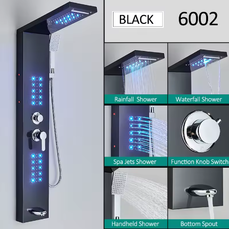 Zwart LED Douchepaneel Toren – Regenwaterval en Massage Douchesysteem