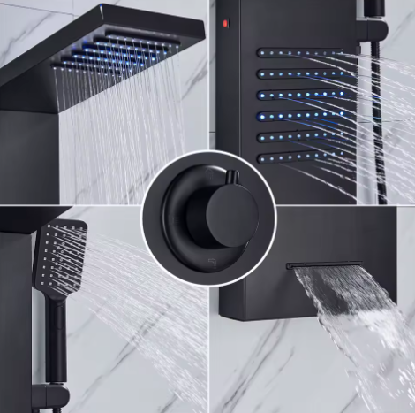 Zwart LED Douchepaneel Toren – Regenwaterval en Massage Douchesysteem