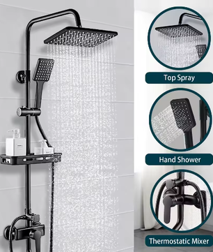 Zwarte Messing Douchekraan 2-Weg met Regendouche, Handdouche en Plank