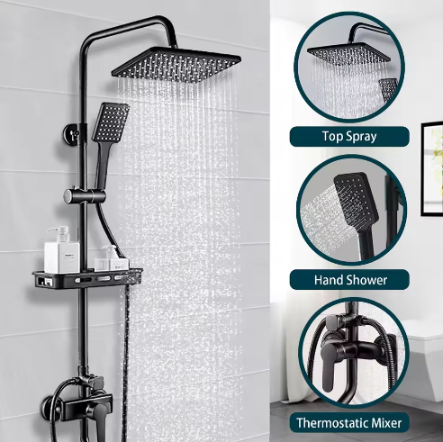 Zwarte Messing Douchekraan 2-Weg met Regendouche, Handdouche en Plank