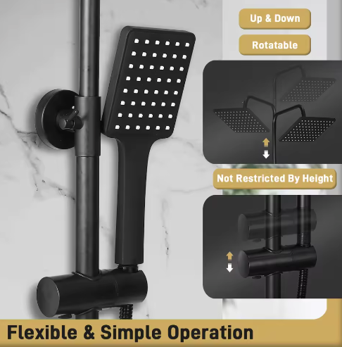 Zwarte Messing Douchekraan 2-Weg met Regendouche, Handdouche en Plank