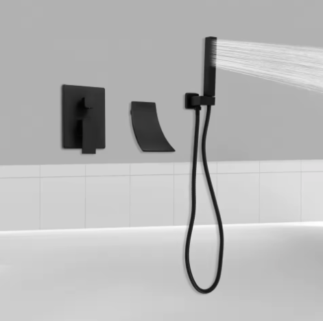 Zwarte Baddoucheset – Modern Wandmontage 2-Modus Hand- en Kuipuitloop