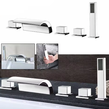 Moderne Waterval Badkamerkraan – Brede Uitloop en Handsproeier, Anti-Spat, Duurzaam