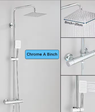 Chroom Thermostatische Douchekraan Set – 8" Regendouche en Handdouche, Messing Mengkraan