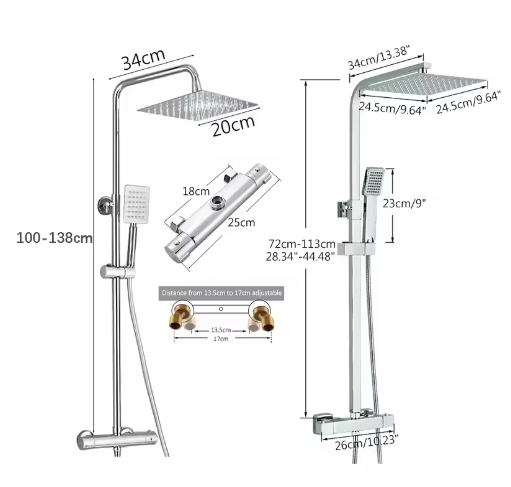 Chroom Thermostatische Douchekraan Set – 8" Regendouche en Handdouche, Messing Mengkraan
