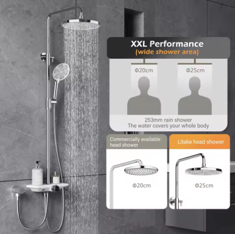 Badkamer Douchesysteem Set – Wandmontage Roestvrij Staal en Plank