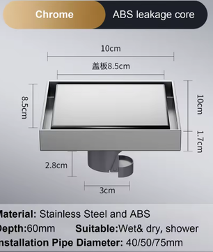 Vierkant Vloerafvoerputje 10×10 cm – RVS 304 Anti-geur Zwart