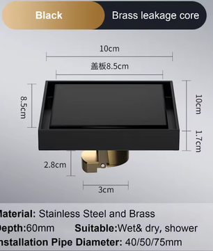 Vierkant Vloerafvoerputje 10×10 cm – RVS 304 Anti-geur Zwart