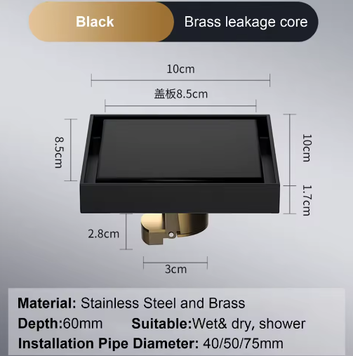 Vierkant Vloerafvoerputje 10×10 cm – RVS 304 Anti-geur Zwart
