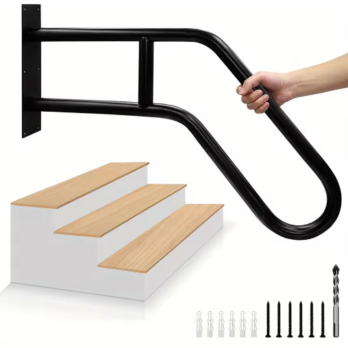 Matzwarte U-Vormige Metalen Trapleuning voor Buiten – Wandmontage