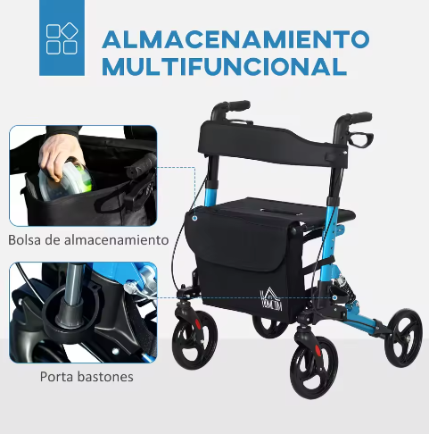 Opvouwbare Aluminium Rollator met Zitting en Vier Wielen
