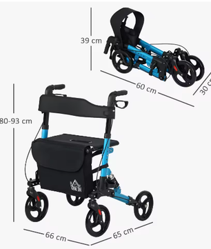 Opvouwbare Aluminium Rollator met Zitting en Vier Wielen