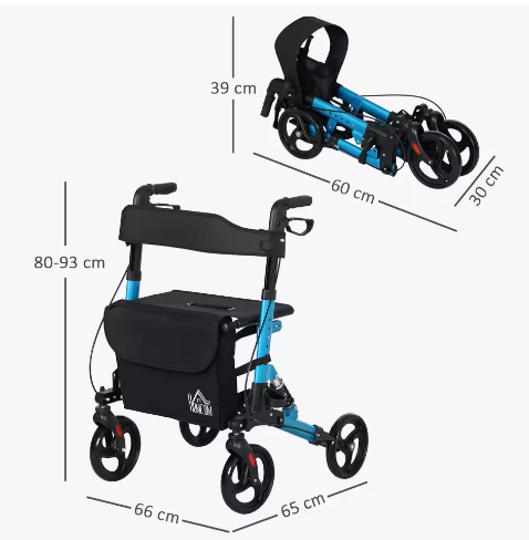 Opvouwbare Aluminium Rollator met Zitting en Vier Wielen