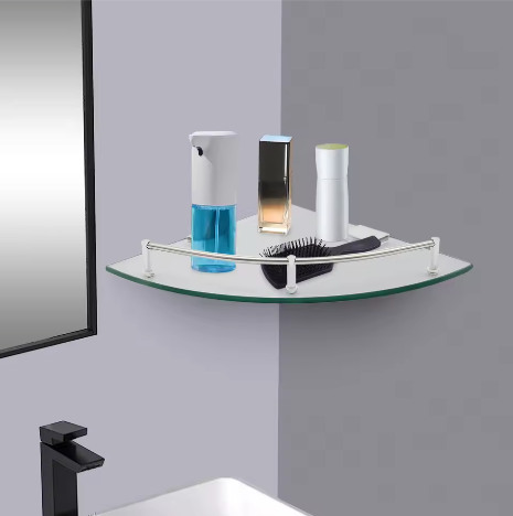 Badkamer Hoekplank van Gehard Glas – Wandmontage met RVS Reling