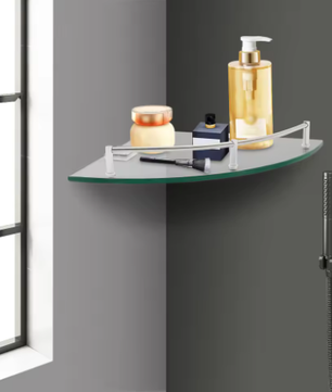 Badkamer Hoekplank van Gehard Glas – Wandmontage met RVS Reling