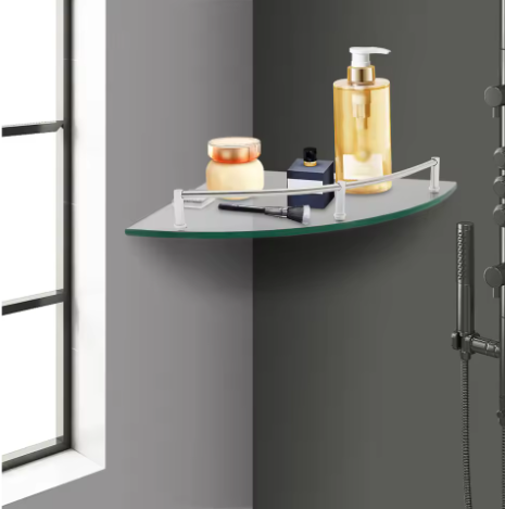 Badkamer Hoekplank van Gehard Glas – Wandmontage met RVS Reling