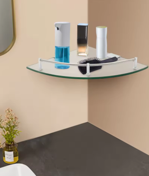 Badkamer Hoekplank van Gehard Glas – Wandmontage met RVS Reling