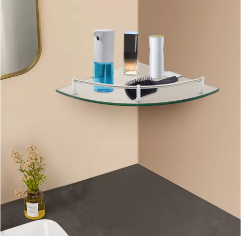 Badkamer Hoekplank van Gehard Glas – Wandmontage met RVS Reling