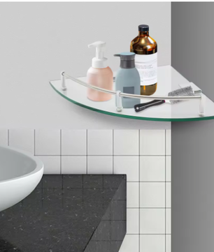 Badkamer Hoekplank van Gehard Glas – Wandmontage met RVS Reling