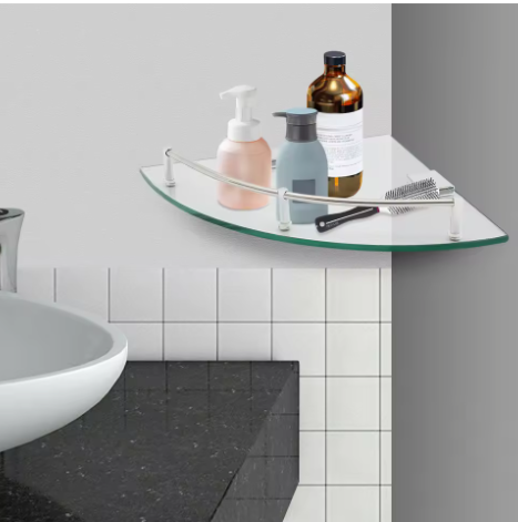 Badkamer Hoekplank van Gehard Glas – Wandmontage met RVS Reling