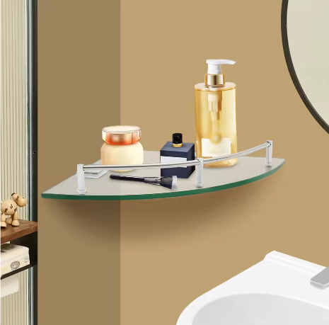 Badkamer Hoekplank van Gehard Glas – Wandmontage met RVS Reling