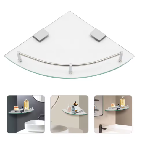 Badkamer Hoekplank van Gehard Glas – Wandmontage met RVS Reling