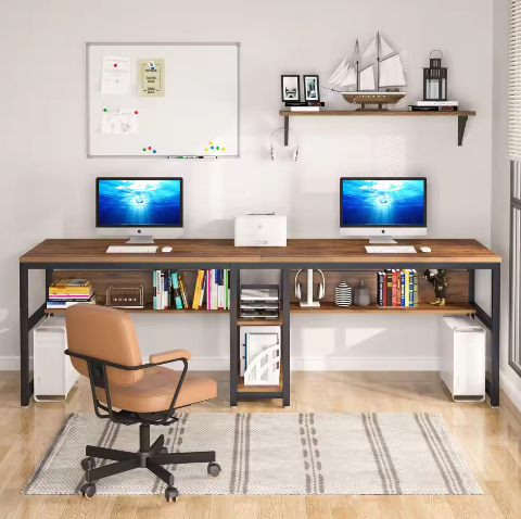 Tweepersoons Bureau met Boekenplank – Dubbel Werkstation Industrieel Design