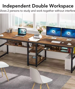 Tweepersoons Bureau met Boekenplank – Dubbel Werkstation Industrieel Design