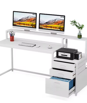 Ergonomisch Computerbureau met Monitorstandaard en Archiefladekast – 160 cm Werkbureau met Opbergruimte