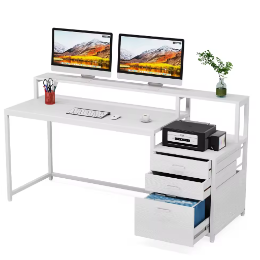 Ergonomisch Computerbureau met Monitorstandaard en Archiefladekast – 160 cm Werkbureau met Opbergruimte