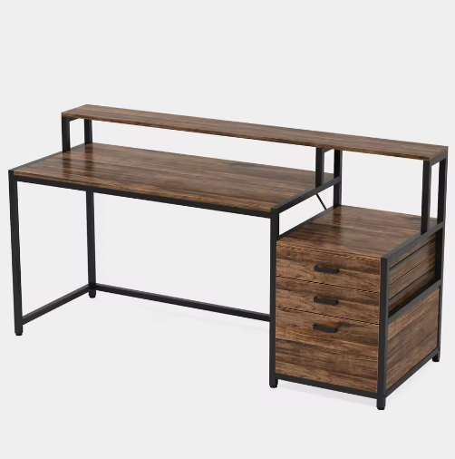 Ergonomisch Computerbureau met Monitorstandaard en Archiefladekast – 160 cm Werkbureau met Opbergruimte