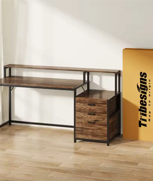 Ergonomisch Computerbureau met Monitorstandaard en Archiefladekast – 160 cm Werkbureau met Opbergruimte