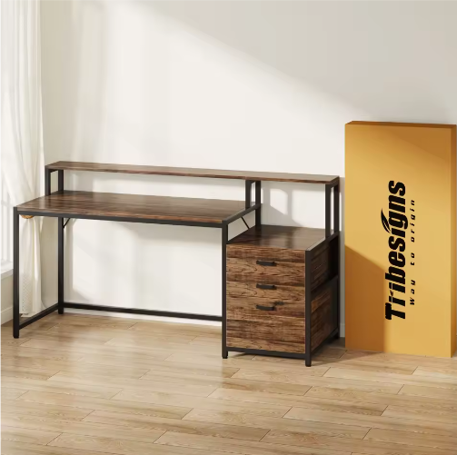 Ergonomisch Computerbureau met Monitorstandaard en Archiefladekast – 160 cm Werkbureau met Opbergruimte