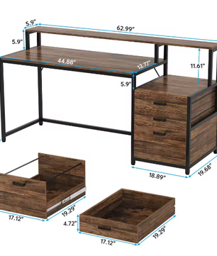 Ergonomisch Computerbureau met Monitorstandaard en Archiefladekast – 160 cm Werkbureau met Opbergruimte