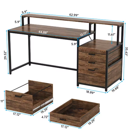 Ergonomisch Computerbureau met Monitorstandaard en Archiefladekast – 160 cm Werkbureau met Opbergruimte