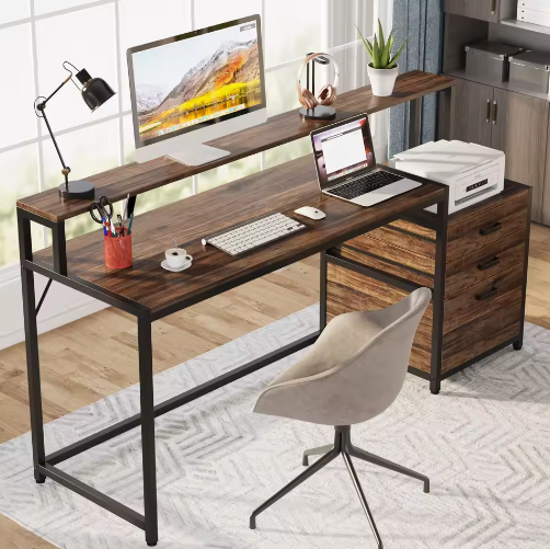 Ergonomisch Computerbureau met Monitorstandaard en Archiefladekast – 160 cm Werkbureau met Opbergruimte