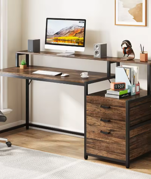 Ergonomisch Computerbureau met Monitorstandaard en Archiefladekast – 160 cm Werkbureau met Opbergruimte