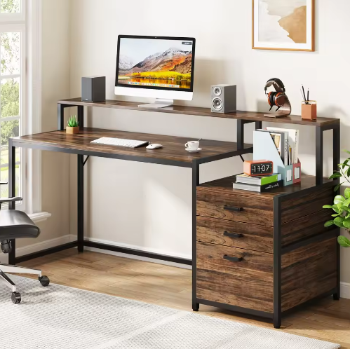 Ergonomisch Computerbureau met Monitorstandaard en Archiefladekast – 160 cm Werkbureau met Opbergruimte