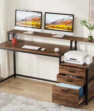Ergonomisch Computerbureau met Monitorstandaard en Archiefladekast – 160 cm Werkbureau met Opbergruimte