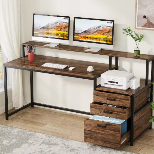 Ergonomisch Computerbureau met Monitorstandaard en Archiefladekast – 160 cm Werkbureau met Opbergruimte
