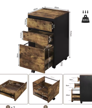 Mobiele archiefkast met 3 laden en wielen – kantoor opbergkast 40×70×40 cm