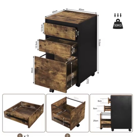 Mobiele archiefkast met 3 laden en wielen – kantoor opbergkast 40×70×40 cm