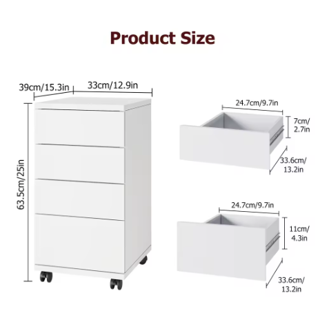 Mobiele Kantoorkast met 4 Lades en Wielen – Multifunctioneel Opbergmeubel