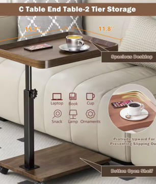 Verstelbare rolwagen overbed tafel – Draaibaar laptopbureau met wielen voor thuis en zorg