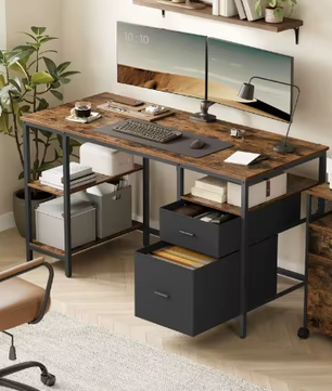 Computertafel met 3 planken en 2 lades – Ruim bureau voor kantoor en woonkamer