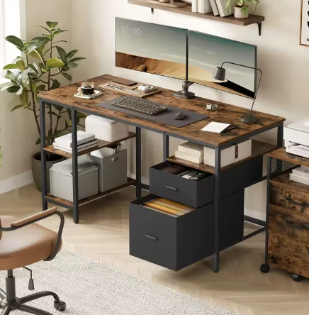 Computertafel met 3 planken en 2 lades – Ruim bureau voor kantoor en woonkamer