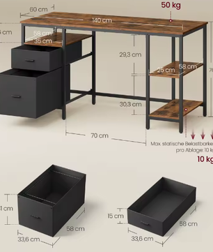 Computertafel met 3 planken en 2 lades – Ruim bureau voor kantoor en woonkamer
