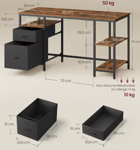 Computertafel met 3 planken en 2 lades – Ruim bureau voor kantoor en woonkamer