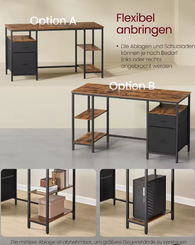 Computertafel met 3 planken en 2 lades – Ruim bureau voor kantoor en woonkamer