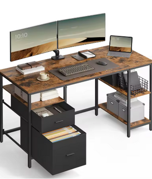 Computertafel met 3 planken en 2 lades – Ruim bureau voor kantoor en woonkamer